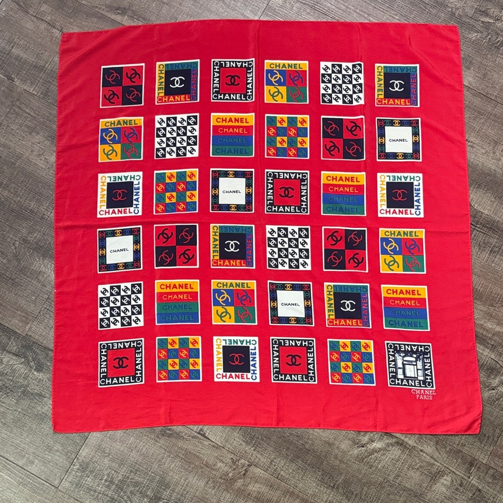 CHANEL Red Multicolor Logo Scarf